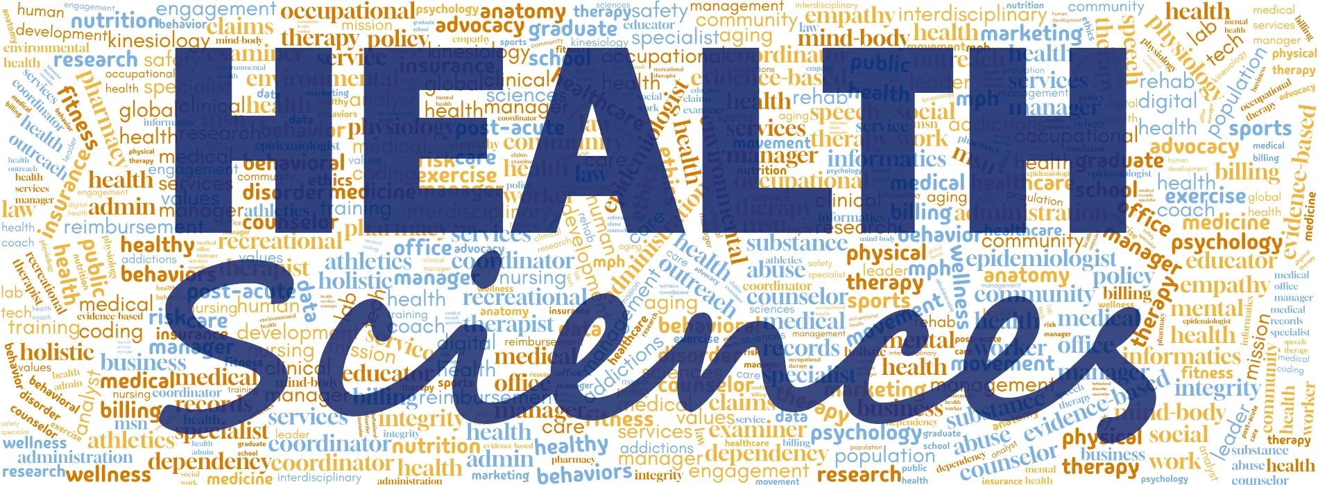 Word-cloud graphic of many words related to health-related careers, surrounding the words Health Sciences