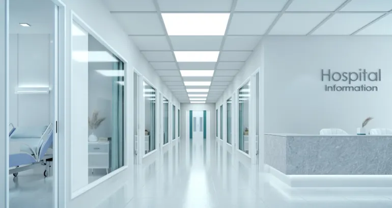 A pristine, modern hospital hallway