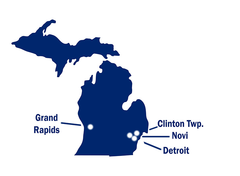 map of Michigan with dots on grand rapids, Detroit, Clinton Township and Novi