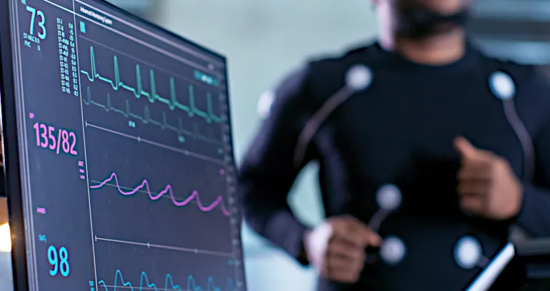 A computer screen showing the vital signs of a runner on a treadmill