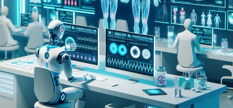 Illustration of robots and humanoids in a computerized health control room