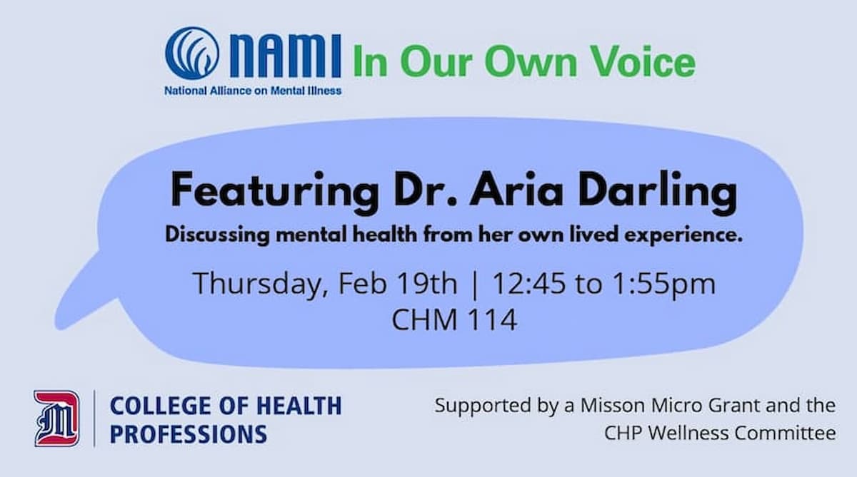 Flyer for a NAMI (National Alliance on Mental Illness) event titled 'In Our Own Voice,' on Thursday, Feb. 19.